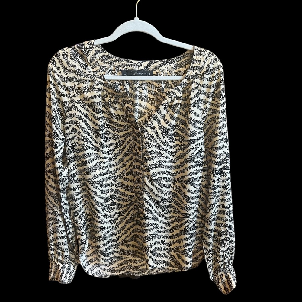 Women’s Long Sleeve Silk Blouse Button Down Cream and Black Shirt Size Small